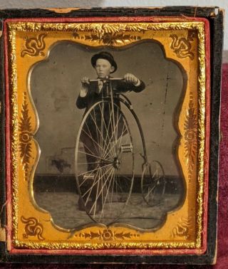 Antique 1/6 Plate Tintype Photo / Boy On High Wheel Bicycle / 1/2 Case