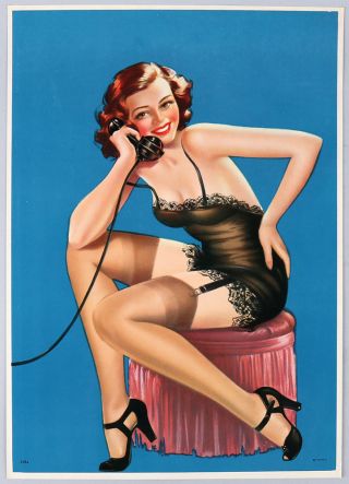 Vintage 1940s Art Deco Lrg Pin - Up Print Garter Clad Gossip Girl In Nightie Fine