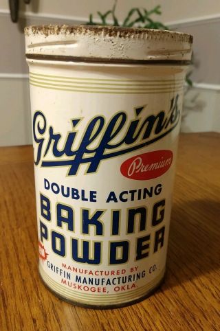 Rare Vintage Griffin’s Baking Powder Tin Muskogee Oklahoma 1 Lb 4 Oz