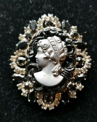 Vintage Black Cameo And Rhinestone Brooch Pin - Victorian Style - Smoke And Blac