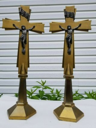 Huge Set Antique Vintage Church Altar Standing Cross Brass Crucifix Candlesticks