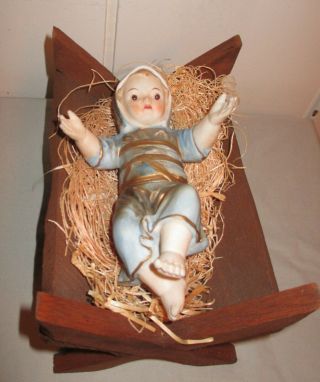 Vintage Bisque Baby Jesus In Wood Manger - Glass Eyes