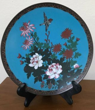 Antique Chinese Bronze/copper Cloisonné Blue Enamel Bird Plate Platter 9”