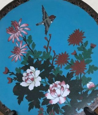 Antique Chinese Bronze/Copper Cloisonné Blue Enamel Bird Plate Platter 9” 2
