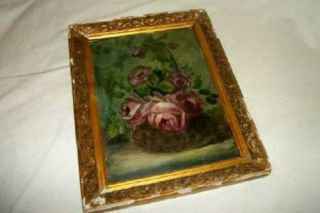 Antique French Roses Oil Painting Gilt Chippy Frame Precious Chic Shabby