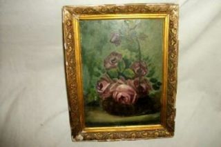 ANTIQUE FRENCH ROSES OIL PAINTING GILT CHIPPY FRAME PRECIOUS CHIC SHABBY 2