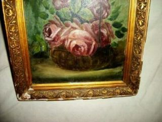 ANTIQUE FRENCH ROSES OIL PAINTING GILT CHIPPY FRAME PRECIOUS CHIC SHABBY 3