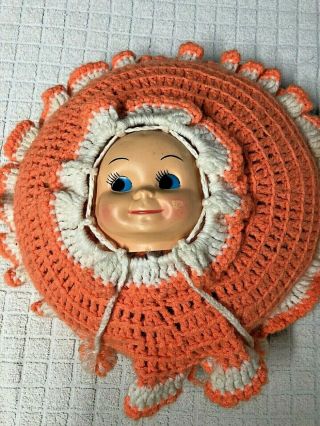 Vintage Hand Made Crochet Knit Pillow Doll Face Orange 15”