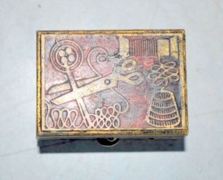 Old Vintage Collectible Brass Carved Enamel Sewing Box Needle Thread Case