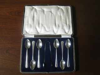 Set Of 6 Vintage Silver - Plated Teaspoons,  Tongs,  Very Fine,  Boxed