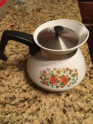 Vintage Enamel Corning Ware Indian Summer 6 Cup Teapot P - 104 Stove Top Kettle