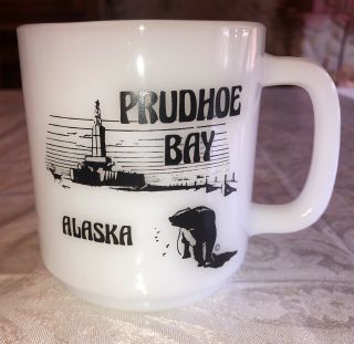 Vintage Glasbake Milk Glass Prudhoe Bay Alaska Souvenir Mug Polar Bear Deer