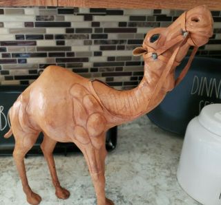 15” Tall Vtg Old Handmade Leather Camel Statue Figure