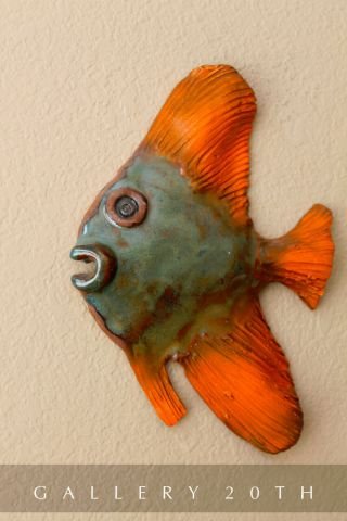 Mid Century Modern Pottery Fish Sculpture Art Vtg Orange Aquarium Atomic 50s