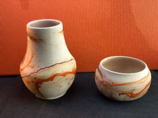 2 Vtg.  Nemadji Indian Pottery Native Clay Usa Vase & Small Bowl