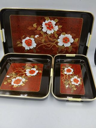 (3) Vtg Black Lacquer Plastic Floral Serving Trays Orchid Flower Made In Japan