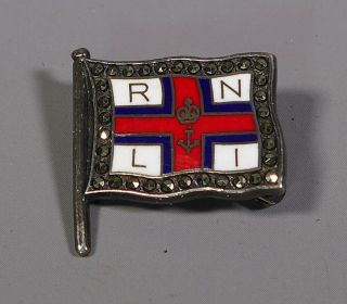 Vintage Silver Marcasite Enamel Rnli Flag Brooch Badge