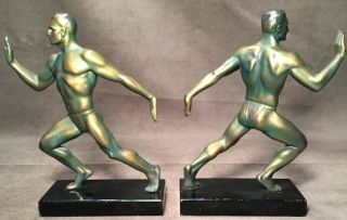 Art Deco Frankart Era Painted Spelter Metal Bookends Nude Naked Men Pushing