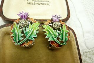Vintage Jewellery Enamel Marcasite Scottish Thistle Flower Earrings Clip On