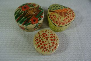 3 Vtg Cat Bird Trinket Boxes - Made In Kashmir India - Lacquer Paper Mache Box