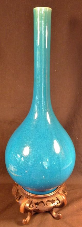 Chinese Export Blue Crackle Glaze Oriental Antique Vase 18 " Fine Hardwood Stand