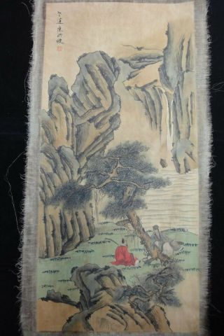 Rare Large Old Chinese Hand Painting Landscape & Scholars " Chenhongshou " Mark