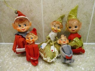 5 Asst Vintage Christmas Elves Pixies Sparkly Red Green Gold Elf On Pillow