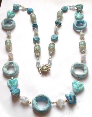Vintage Signed Alice Caviness Blue Glass & Crystal Beads Heart Long Necklace