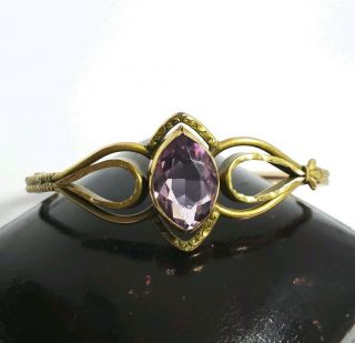 Antique Victorian Yellow Gold Filled Gf Purple Amethyst Glass Bangle Bracelet