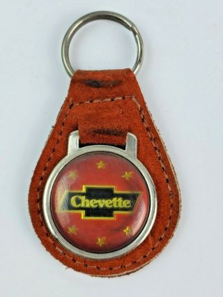 Vintage Chevy Chevette Logo Leather Keychain Keyring Fob Tab Burnt Orange