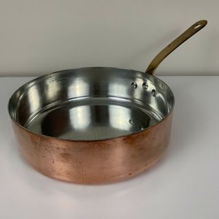 9.  5 " French Antique Vintage Copper Saute Pan Skillet Tin Lined Stamped 3.  5 Lbs