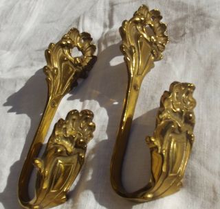Pair Antique French Ribbon Empire Ormolu Gold Tiebacks Hooks For Curtains Drapes