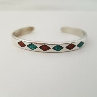 Vintage Sterling Silver Inlaid Crushed Red Coral And Turquoise 6 " Cuff Bracelet