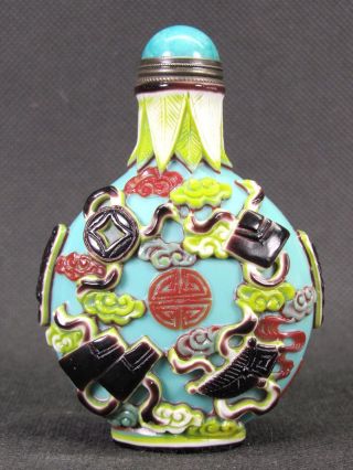 Eximious Chinese " Qin Qi Shu Hua " Carved Peking Five Overlay Glass Snuff Bottle