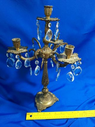 Antique/vtg 4 Stick Candelabra Candle Holder Crystal Teardrop Victorian Brass