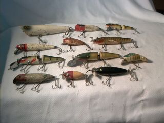 Vintage 12 Old Wooden Fishing Lures Creek Chub Paw Paw & More
