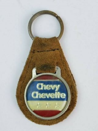 Vintage Chevy Chevette Logo Leather Keychain Keyring Fob Tab Tan