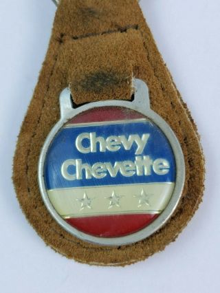 Vintage Chevy Chevette Logo Leather Keychain KeyRing FOB Tab Tan 2
