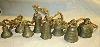 8 (eight) Vintage Brass Etched " Temple " Bells On Rope - India - Circa 1960