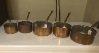 Set Of 5 French Vintage Copper - Alu Sauce Pans Riveted Brass Handles Unstamped
