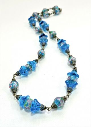 Vintage Aqua Blue With Pink Flowers Lampwork Art Glass Bead Necklace No1941