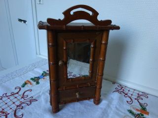 Antique French Wooden Doll Closet Armoire With Mirror