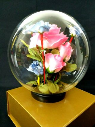 Vintage 50s Glass Dome Globe Terrarium Floral Display Silk Flowers Florist Base