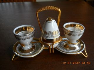 Set Of 2 Vintage Egg Cups With Stand & Salt Shaker - White With Gold Decoration