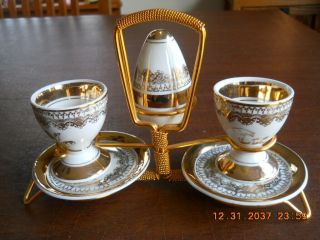 Set Of 2 Vintage Egg Cups With Stand & Salt Shaker - White With Gold Decoration 2