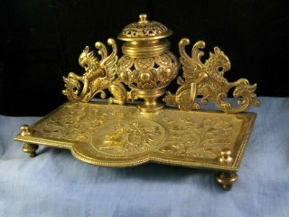 French Antique Victorian Griffin Marianne Brass Dip Pen Tray Ink Stand Inkwell