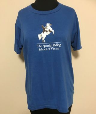 Vintage Spanish Riding School Vienna White Lipizzaner Horse Blue Tshirt Tee