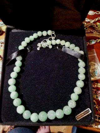 Vintage Qvc Gsj 925 Signed Sterling Carved Graduated Jade Bead Necklace 20 "