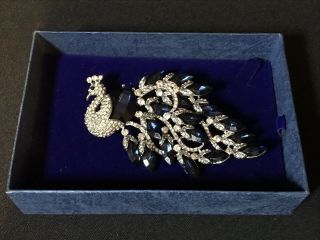 Vintage Large Peacock Blue Glass And Cubic Zirconia Marcasite Stones Brooch