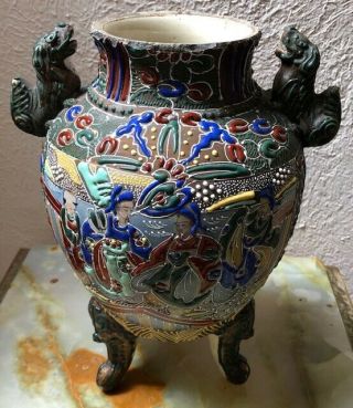 Large Antique Japanese Meiji Satsuma Moriage Vase - Color Glaze Foo Dog Handles